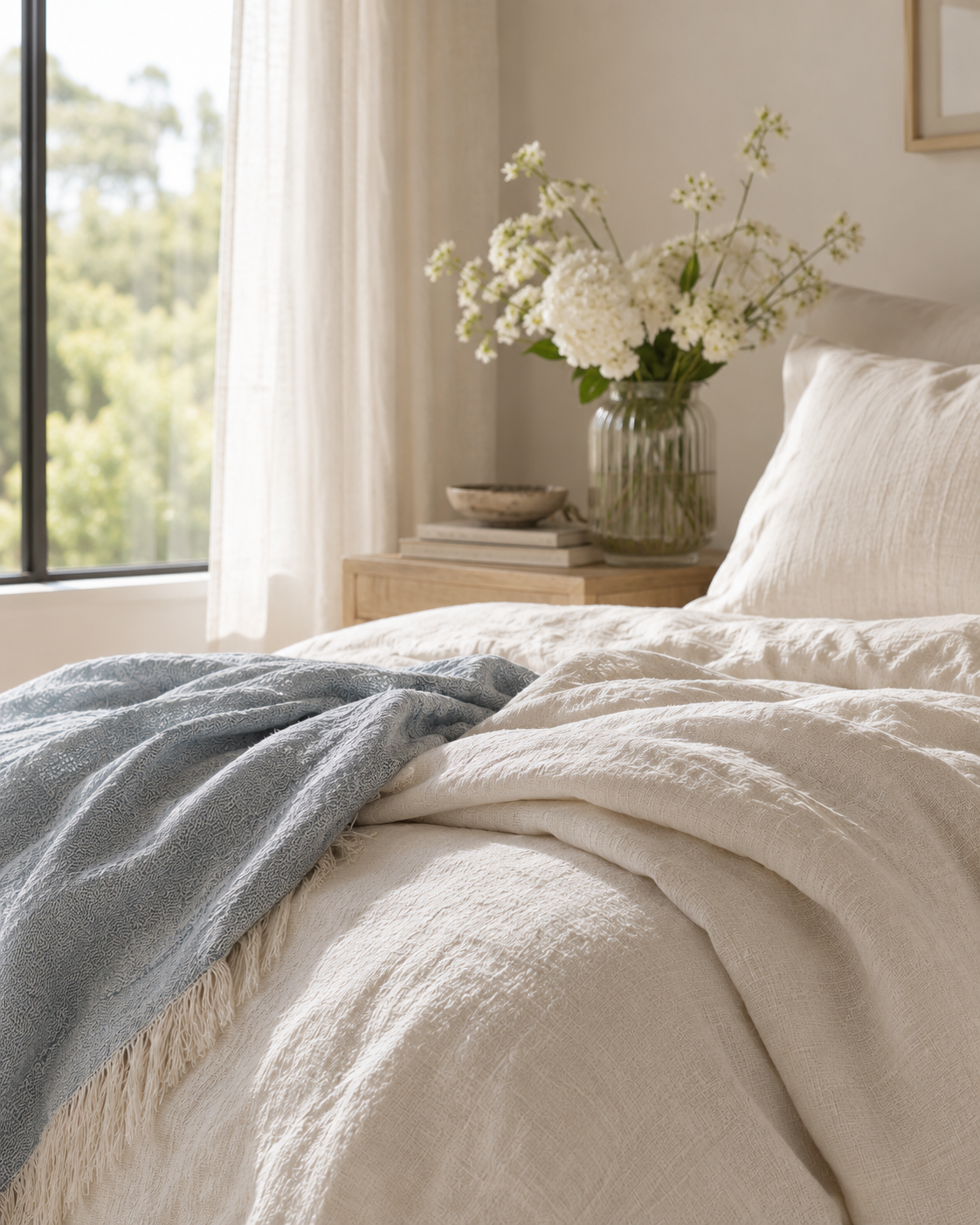 Soft linen bedding in morning light