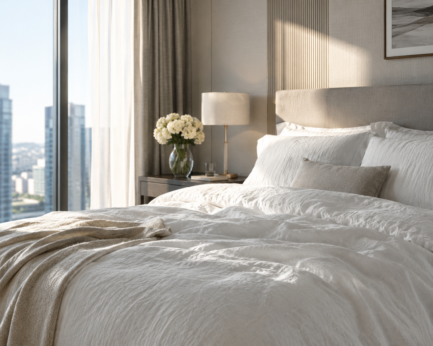 Natural linen bedding in soft morning light